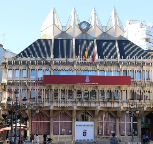 Turistas en visita Ciudad Real en la Puerta de Toledo.